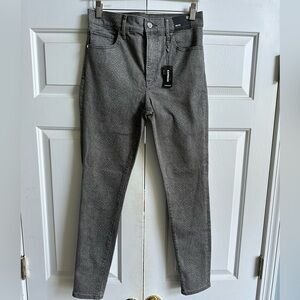 Express Women’s High Rise Jeans, 6R, skinny fit with 2% Spandex, gray snakeskin.